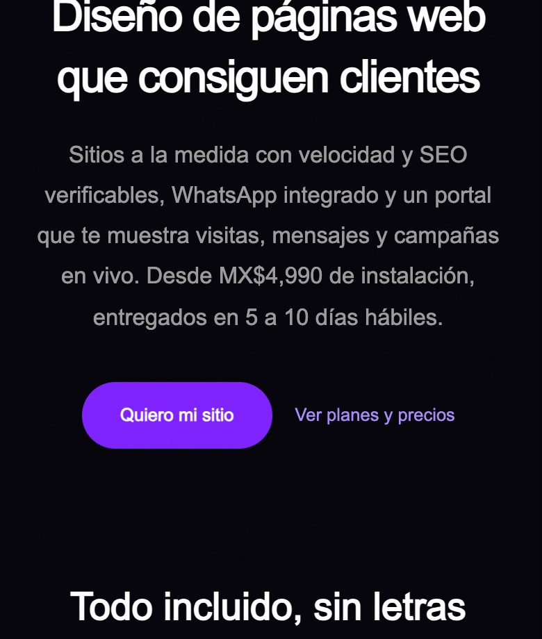 Portada de la página de servicio de vantaweb.mx vista en un celular, con la entrega de 5 a 10 días hábiles publicada en el texto