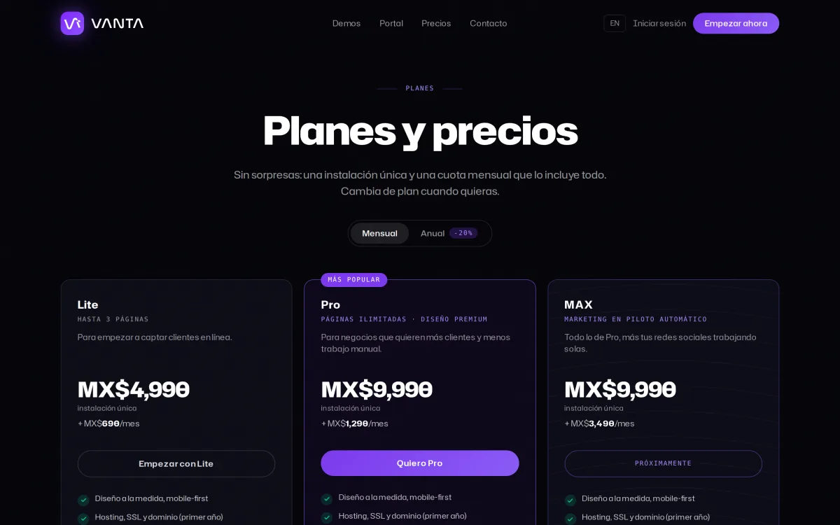 Página de planes y precios de VANTA con los planes Lite, Pro y Max