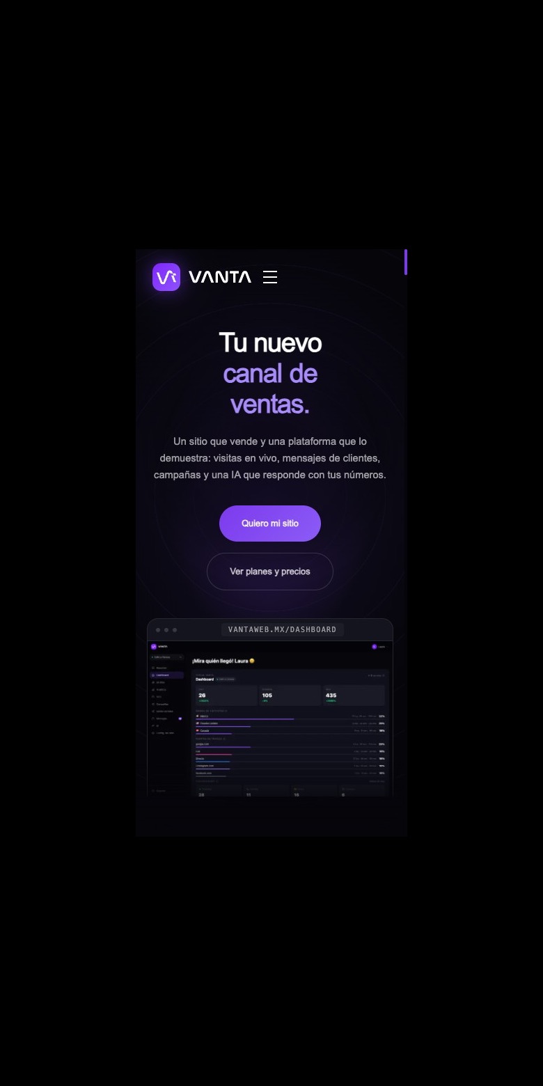 Portada de vantaweb.mx vista en un celular, lo que el navegador entrega cuando alguien escribe el dominio