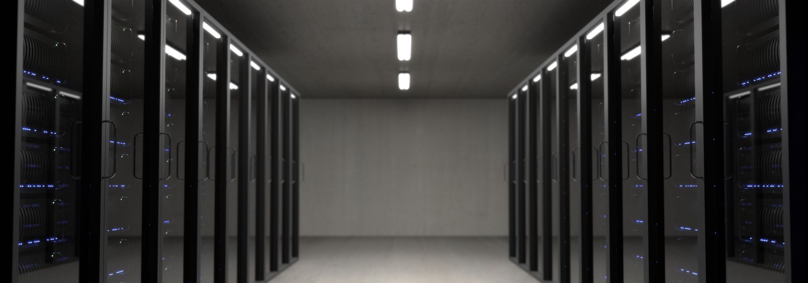 Pasillo de un centro de datos con filas de servidores encendidos, las computadoras donde se hospedan las páginas web